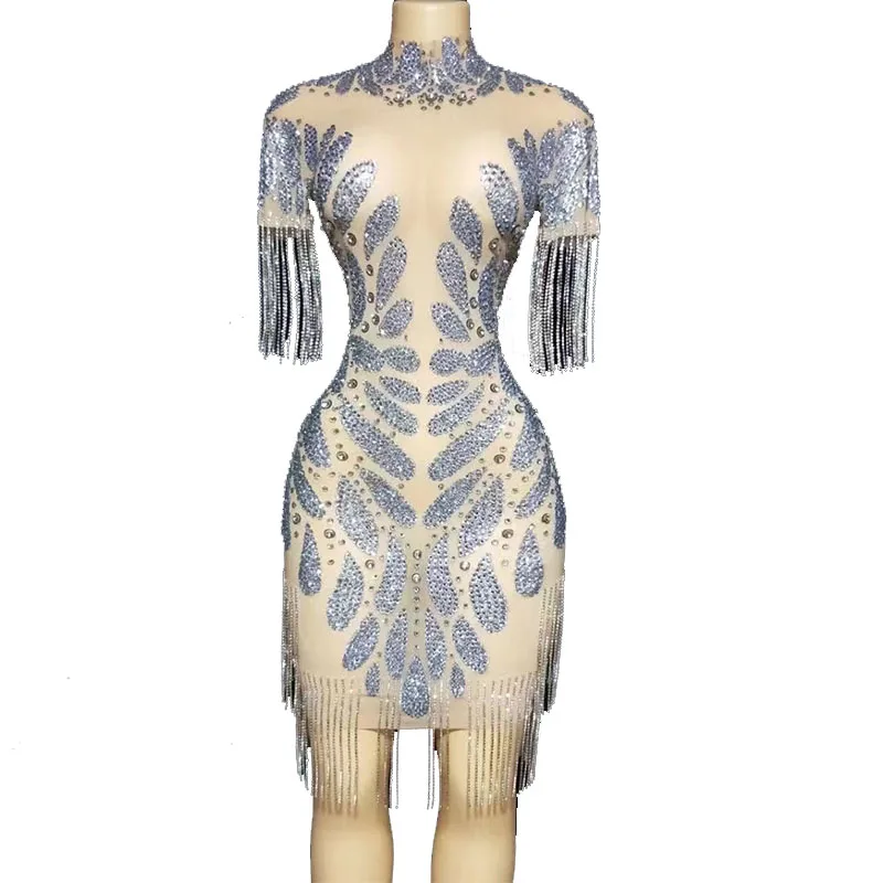 

Fringes Rhinestones Mesh Transparent Dress Women Birthday Evening See Through Sexy Dance Singer Tassels Outfit
