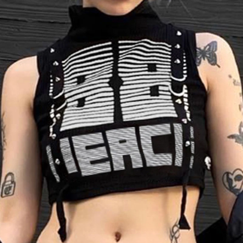 

Y2K Aesthetic Summer Women Letter Print Tee American Vintage Gothic Graphic T shirts Sleeveless Turtleneck Punk Short Crop Top