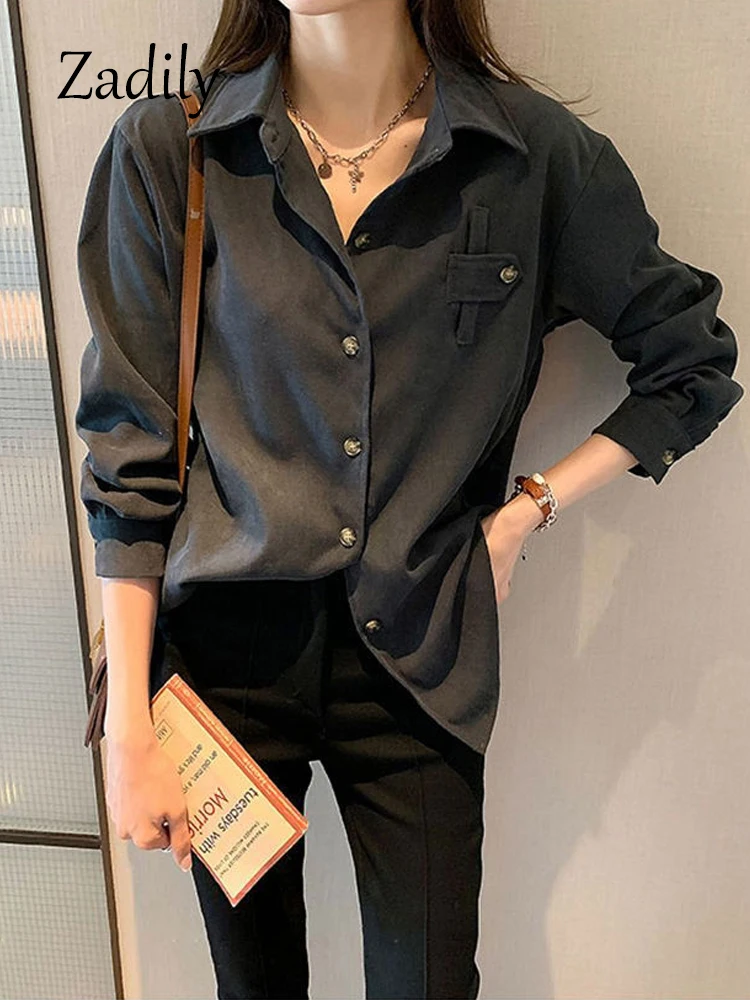 

Zadily 2022 Winter Korean Style Long Sleeve Corduroy Shirt Women Casual Loose Button Up Thick Tunic Blouse Female Clothing Tops