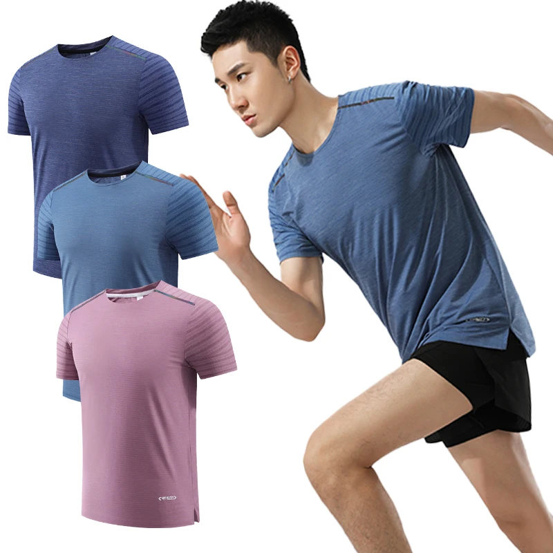 

Workout Gym Shirts Print Stripe Side Opening Reflective Mens Breathable Casual Short Sleeves Training High Quality Jogging Tee