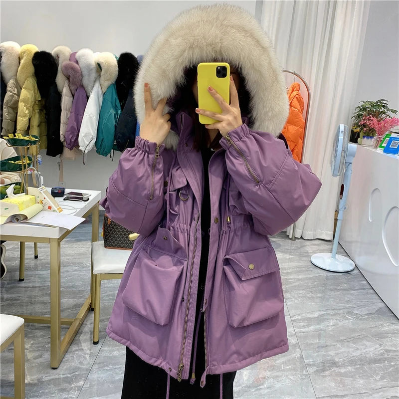 

Aoottii 2022 Winter Jacket Women Real Natural Fox Fur Collar Hooded 90% White Duck Down Coat Thick Warm Loose Outerwear Fashion