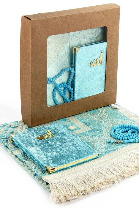

IQRAH Boxed Prayer Rug Set-Velvet Lined Yasin-Prayer Rug-Rosary-Blue Color