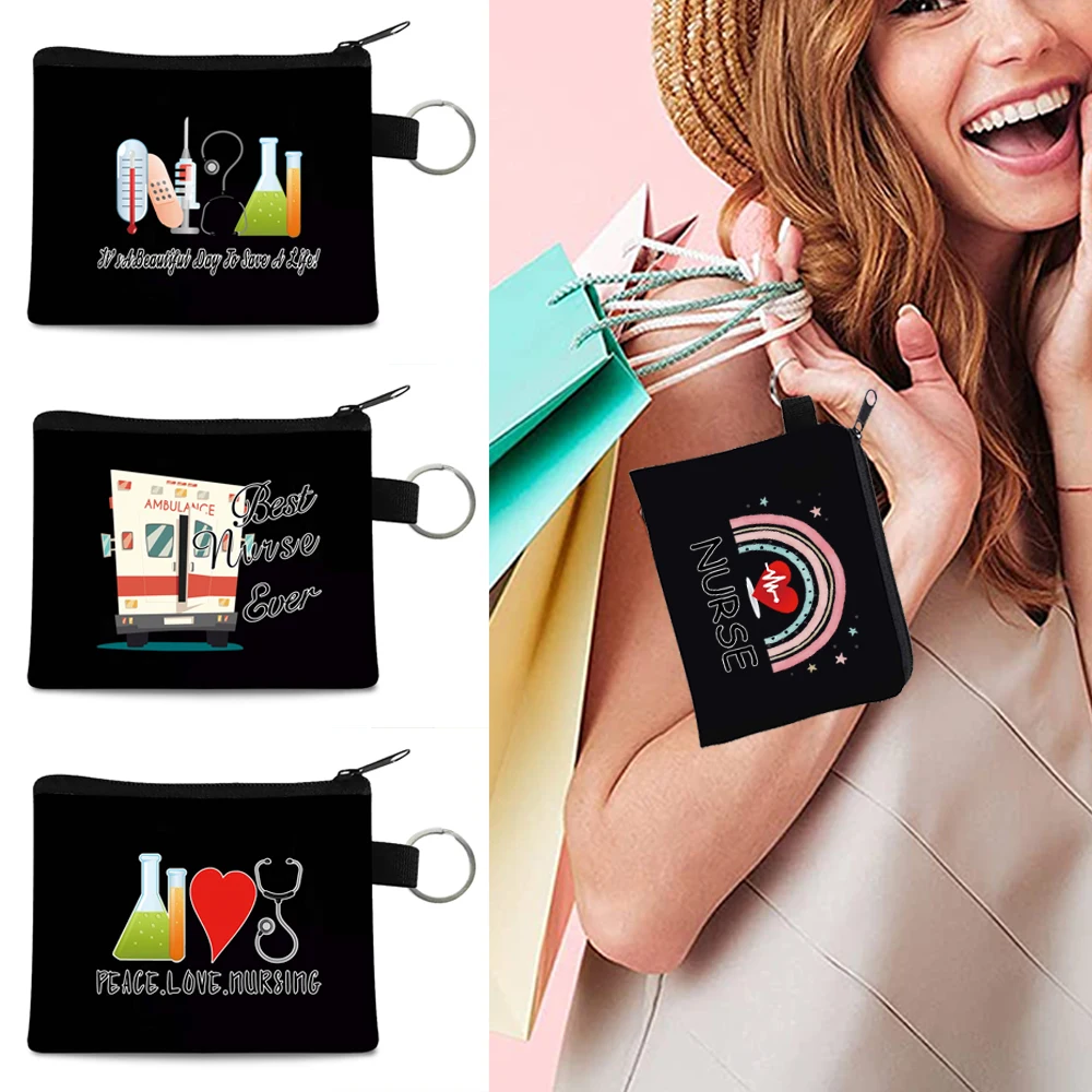 

Women Canvas Coin Bag Key Storage Bag Portable USB Data Cable Headphone Bags Nurse Printing Small Purse Coin Wallet Card Package
