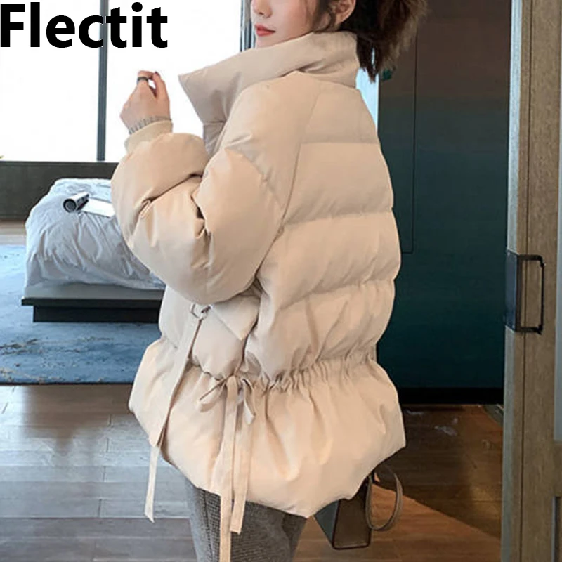 

Flectit Oversized Puffer Jacket In Cream Blue Stand Collar with Drawstring Waist Cotton-Filled Padded Jacket Winter Coat