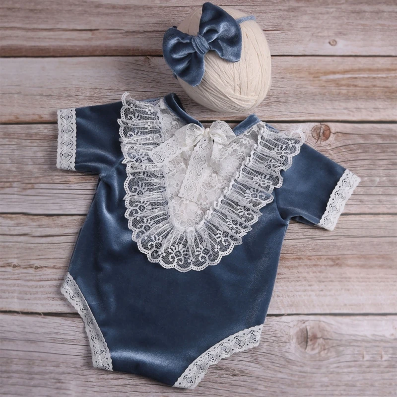 

Newborn Photography Props One Piece Baby Photo Clothes Infant 100-Day Jumpsuit Soft Velvet Lace Neckline w Bow Hair Tie