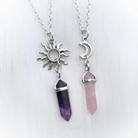 2pcs natural quartz hexagon pillar crystal pendant necklace sun moon bff necklace healing crystal gift for good friend