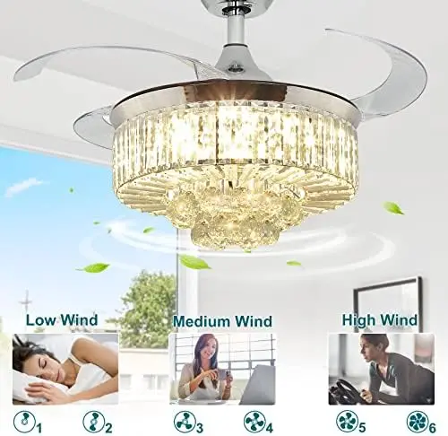 

35 Inch Retractable Ceiling Fan with Lights Remote Control, 30W LED Bladeless Modern Ceiling Fan for Kitchen, Bedroom, Living Ro