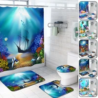 4 pcs set 3d ocean sea fish dolphin shower curtain bathroom rug set non slip bath mat toilet lid cover toilet mat set