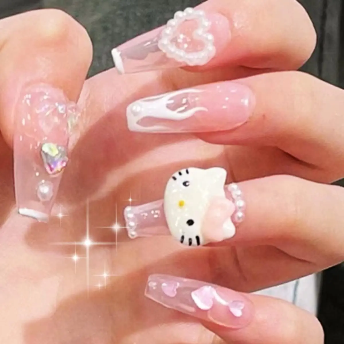 

24Pcs Sanrio Y2K Coffin Nails Impress Press Pink Hello Kitty Kuromi Cinnamoroll Stuff Fake Nails Design Detachable Manicure Girl