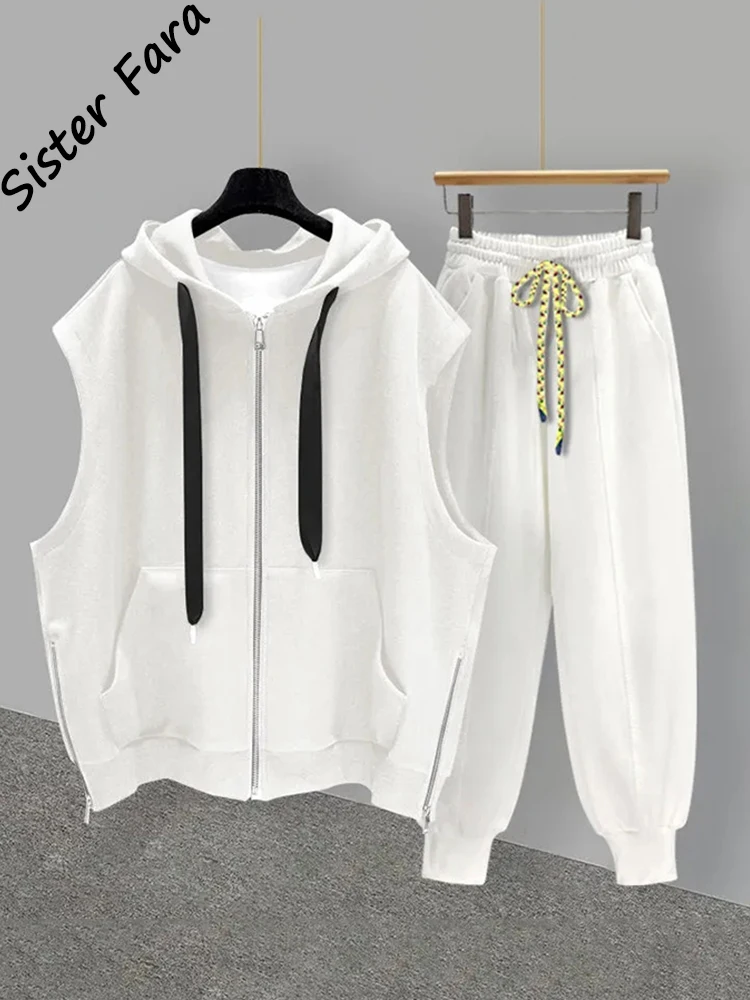 

Sister Fara Autumn Handsome White Solid Zipper Hooded Vest+Sweatpants Casual BF Loose Sleeveless T-shirt+Joggers Two Piece Set