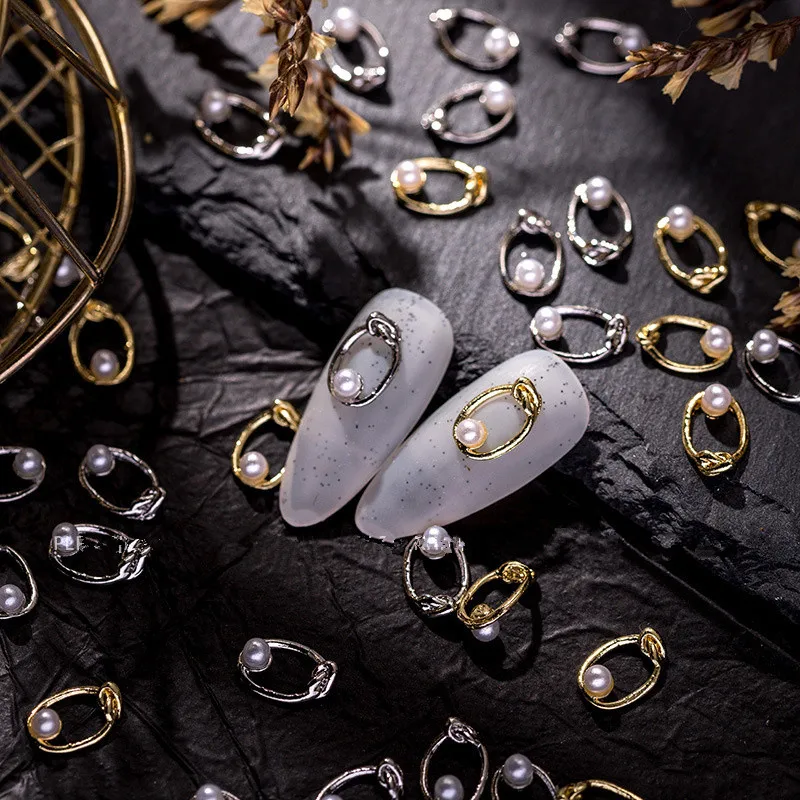 

20pcs Punk Nail Art Accessory Silver Gold Metal Nail Charms Hollow Oval Pearl Alloy Product For Manicure DIY Nail Parts Supplies