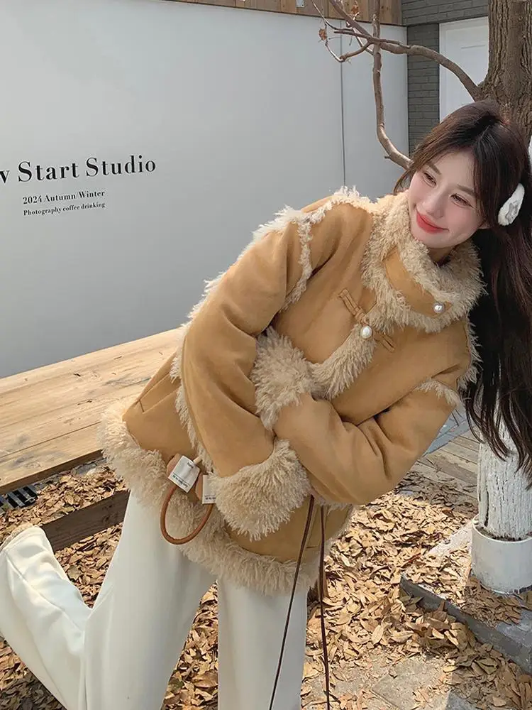 Верхняя одежда из овечьей шерсти цвета хаки женская зимняя короткая куртка 2024