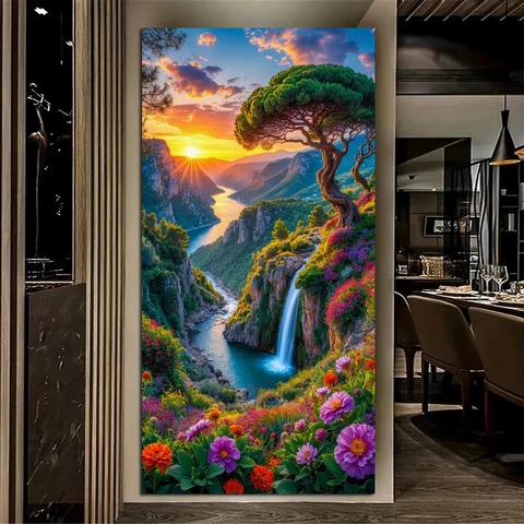Алмазная живопись Fatcat "Закат пейзаж водопад дерево"