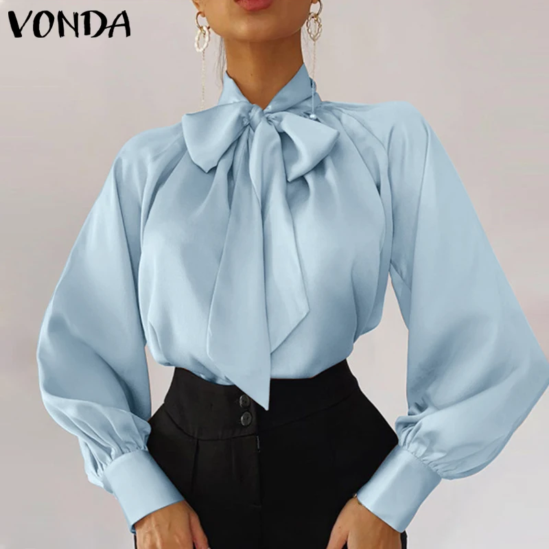 

Women High Neck Bow Shirts VONDA Casual Satin Pleated Blouse Blusas Femininas Long Puff Sleeve Tunic Tops Oversized Streetwears
