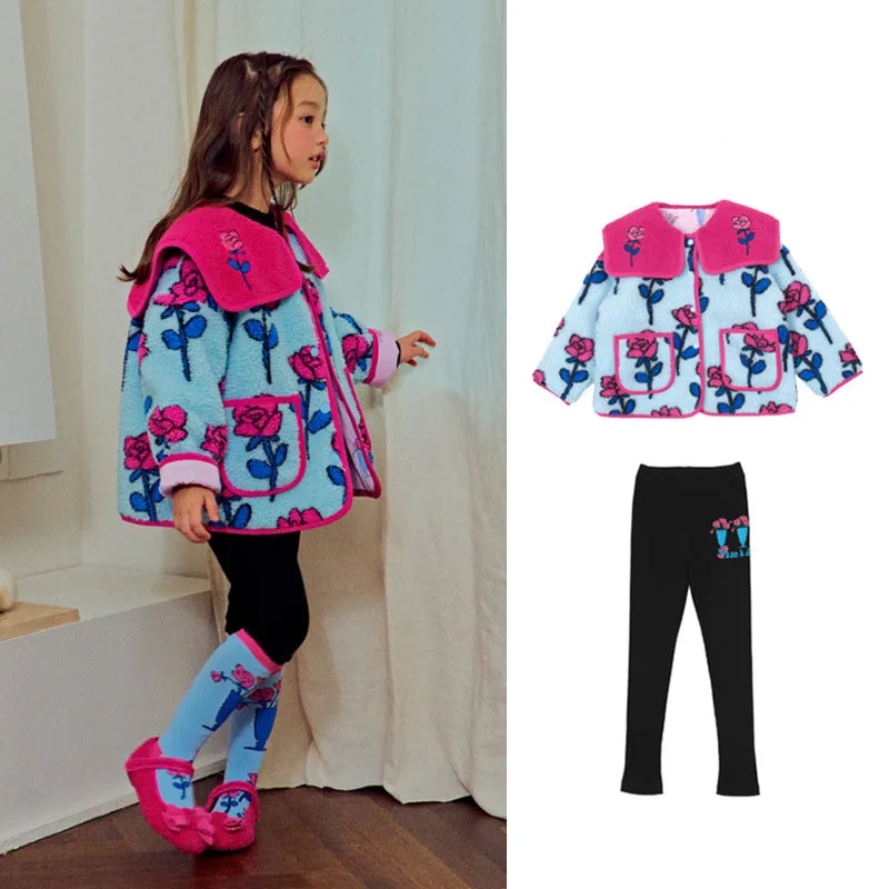 

Корейский зимний комплект для мамы и ребенка, Новая двухсторонняя одежда из овечьей шерсти для мальчиков и девочек, теплое пальто, утепленное пальто с розами и штаны