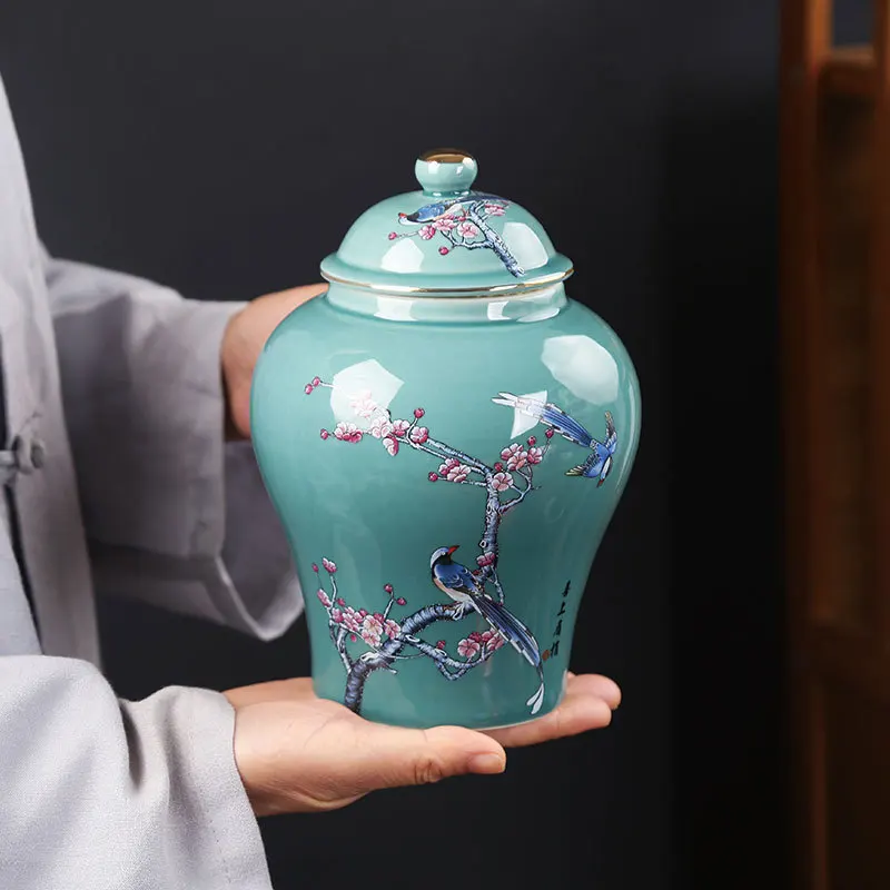 

Classic Ceramic Tea Box Home Candy Sealing Jar Hexagonal Plum General Jar Table Top Flower Arrangement Vase Home Decoration New