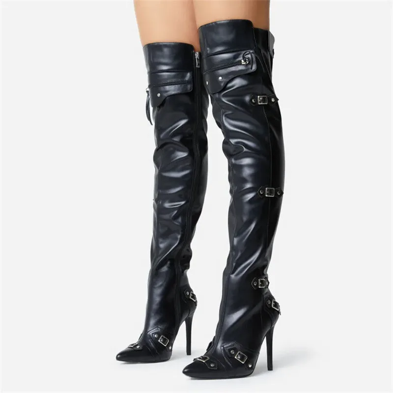 New Brand Belt Buckle Over The Knee Boots Pointed Toe Thin Heels Zip Female Solid Color Metal Winter Sexy Long Boots Women Shoes