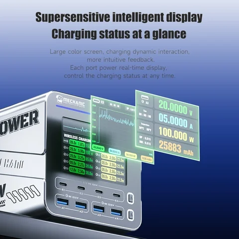 Зарядная станция GaN MECHANIC GPOWER 160 Вт, 8-портовая быстрая зарядка с интеллектуальным TFT-дисплеем PD100W QC3.0 MagSafe для ноутбука/телефона/планшета