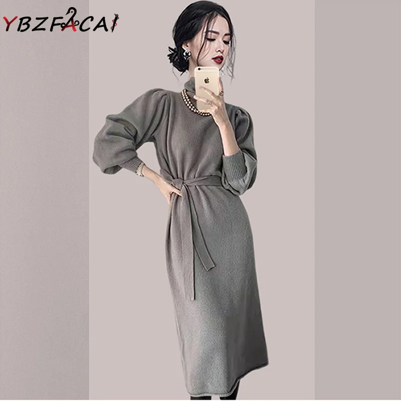 

High Quality Women's Sweater Fall Winter Grey Turtleneck Slim Knit Dress Korea Solid Color Long Sleeve Bottom Pullover Sweater