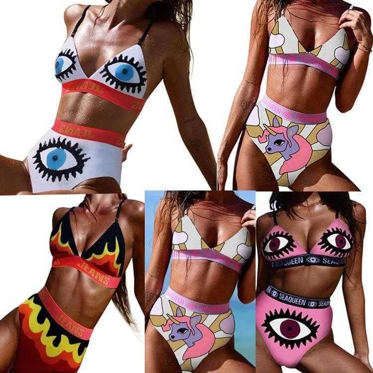 

Summer Womens Clothing Sexy Swimwear Print Letter Eyes Flame Split Swimsuit Two