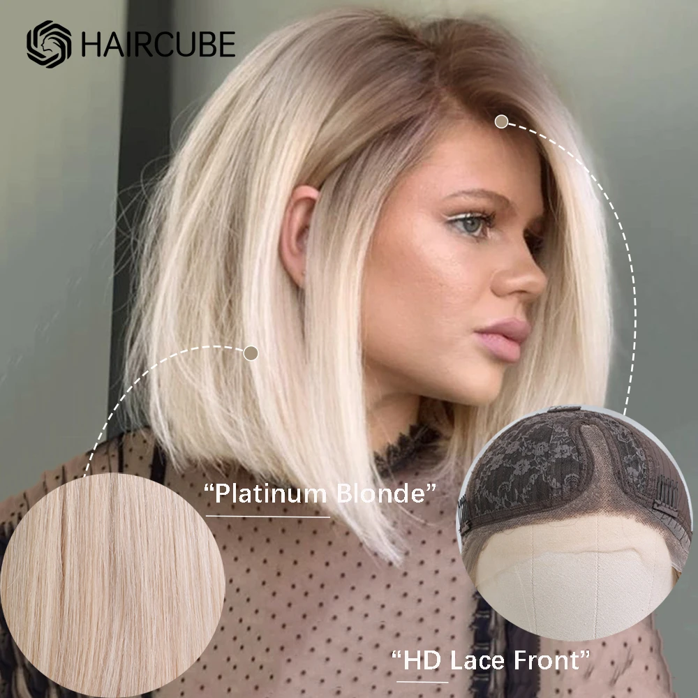HAIRCUBE Ombre Brown Platinum Blonde Bob Human Hair Lace Front Wig Side Part Medium Long Lob Straight Remy Hair Wigs for Women