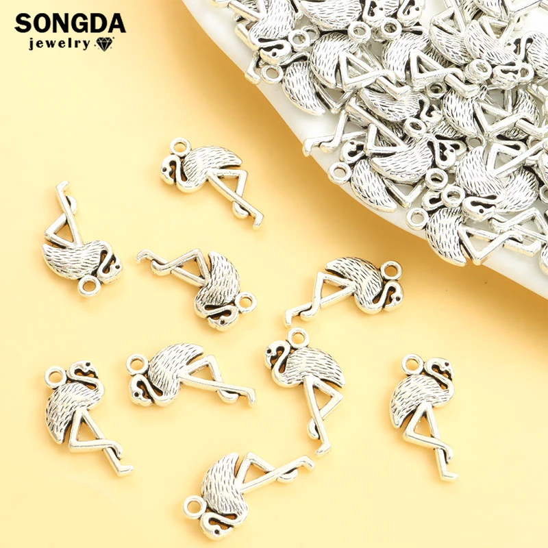 10 шт. подвески с фламинго, 13*22,5 мм, серебряного цвета, милые Подвески из металлического сплава с птицами и животными для изготовления ювелирных изделий, аксессуары «сделай сам», оптовая продажа