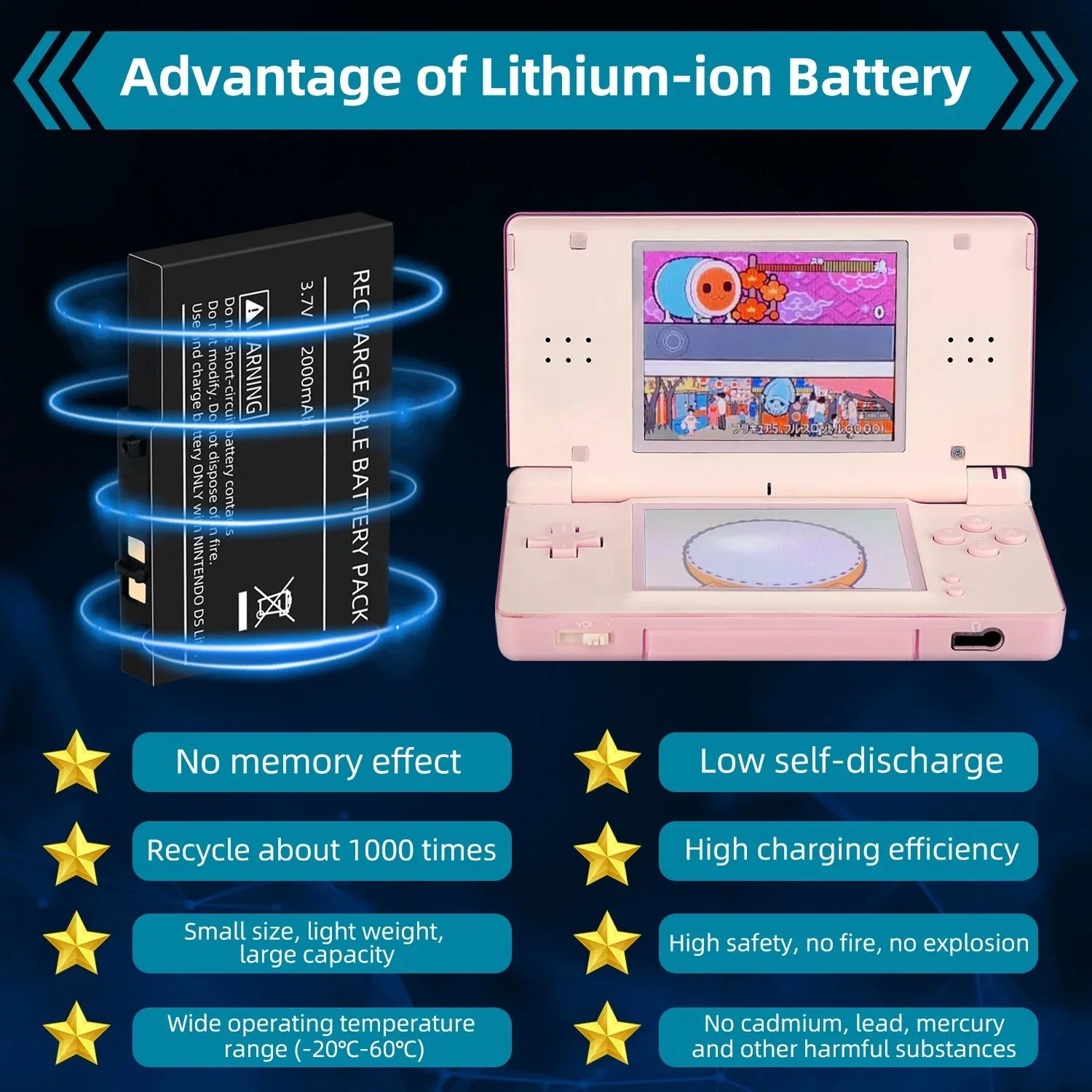 Перезаряжаемая литий-ионная батарея 2000 мАч для Nintendo DS Lite