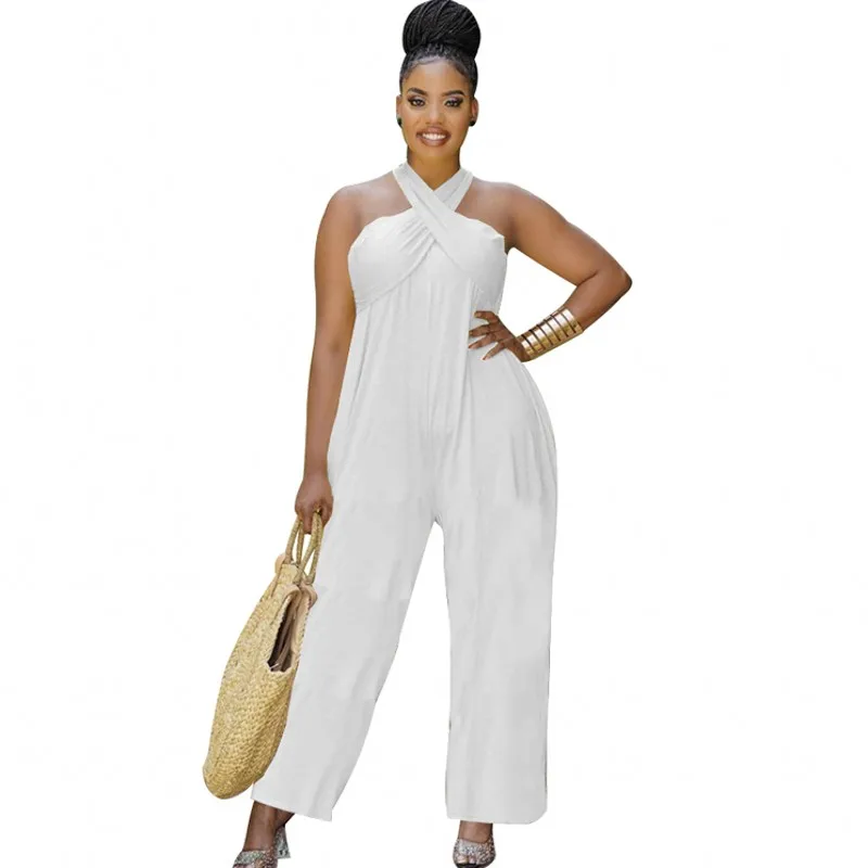 

Jumpsuit African Clothes Women Cross Halter Backless Rompers Summer New Solid Sexy Wide Leg Pants Dashiki African Playsuit 2022