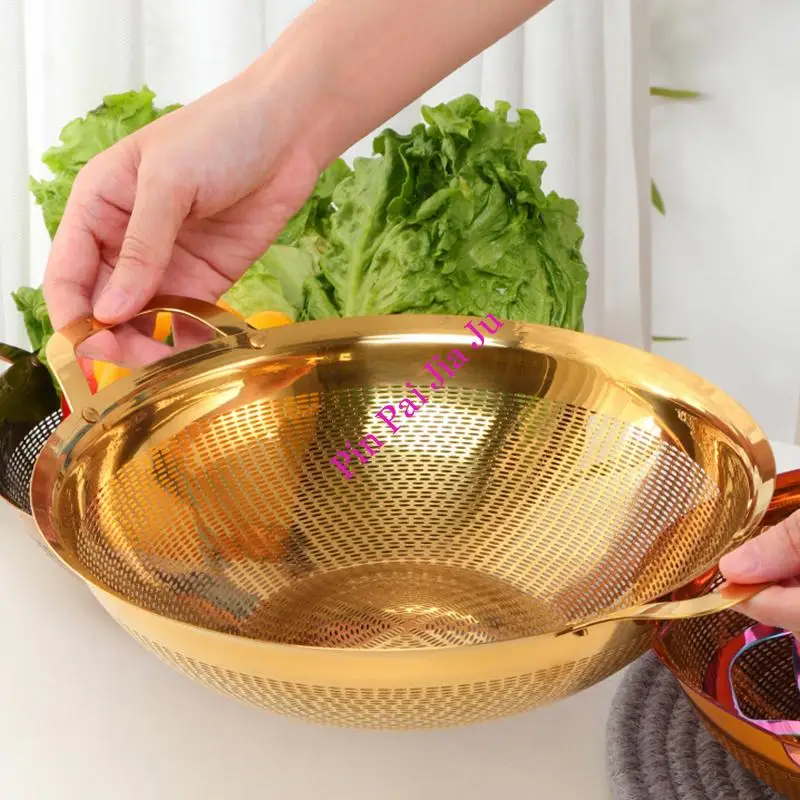 

Thickened Draining Basket Stainless Steel Fruit and Vegetable Cleaning Basket with Handle Kitchen Tool Cleaning Basin Household