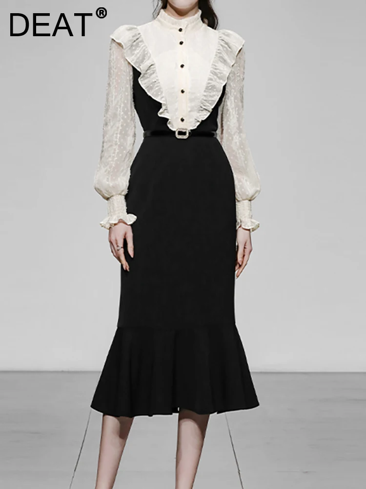 

[DEAT] Women Evening Dress O-neck Long Sleeve Patchwork Single Breasted Contrast Color Fashion Dresses Spring 2023 New 13DB1481