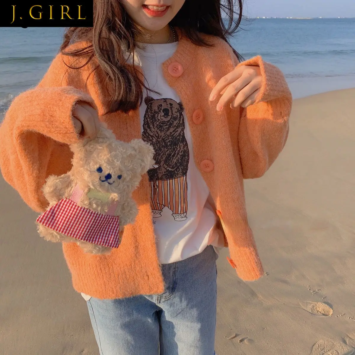 

Cardigan Women Solid Orange Sweet O-neck Long Sleeve Outwear Mujer All-match High Street Loose-fit Single Breasted Sweaters Chic