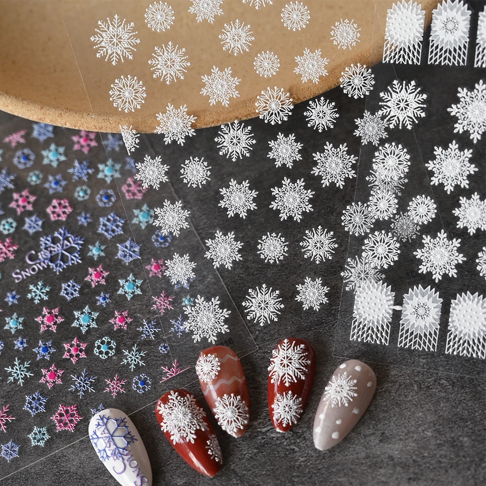 

5D Embossed Snowflake Nail Art Decals White Christmas Design Self Adhesive Sticker New Year Winter Gel Foils Sliders Decorations