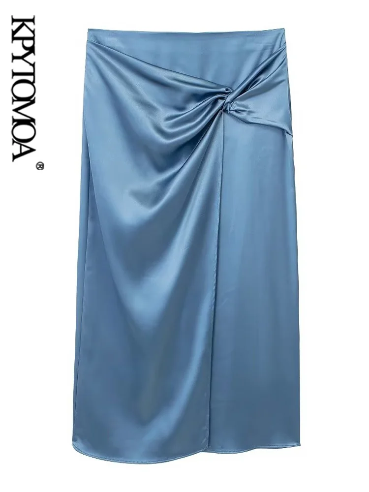 

KPYTOMOA Women Fashion With Knot Front Slit Satin Midi Skirt Vintage High Waist Back Zipper Female Skirts Mujer