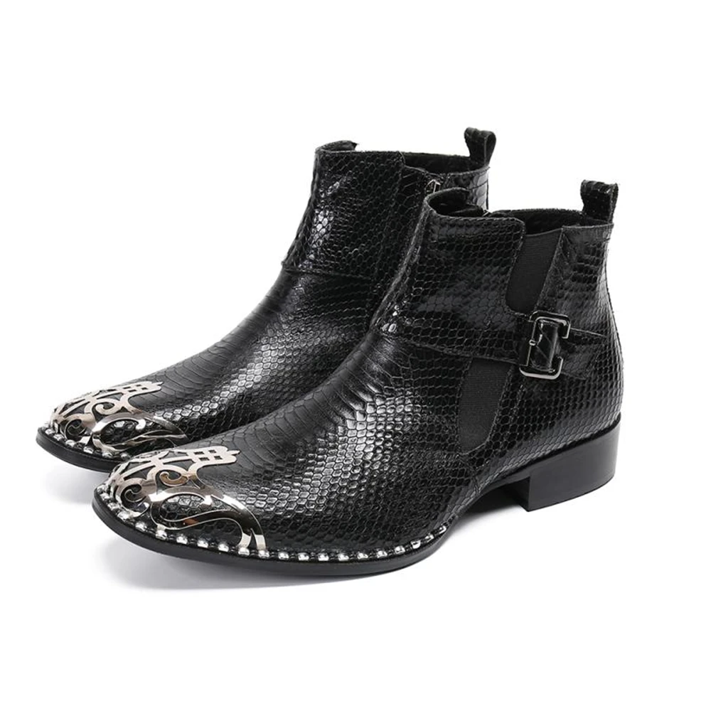 

Black Buckle Zip With Metal Genuine Leather High Heels Pointed Toe Bordered Boots Male Party British Style Wedding Dress Shoes