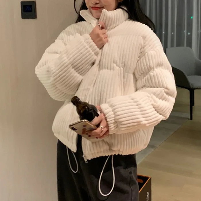 New Women Winter Corduroy Jacket Casual Solid Coat Down Short Thickening Warmth Overcoat Fashion Loose Zipper Jacket Streetwear