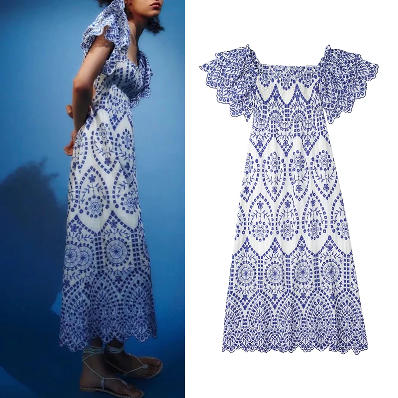 

Summer 2022 Women Embroidery Ruffle Sleeve Dress Square Collar Short Sleeve Backless Female Temperament Long Dress Vestidos