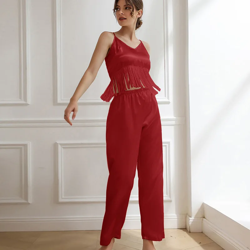 2PCS Pajamas Suit Summer V-Neck With Tassels Camisole Set Satin Sling Pants Pyjamas Pour Home Clothes Femme Sexy Lounge Wear