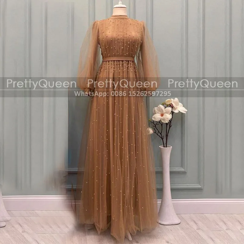 

A Line Puffy Long Sleeves Prom Dresses With Beads Pearls Sheer Transparent Tulle High Neck Formal Evening Dress