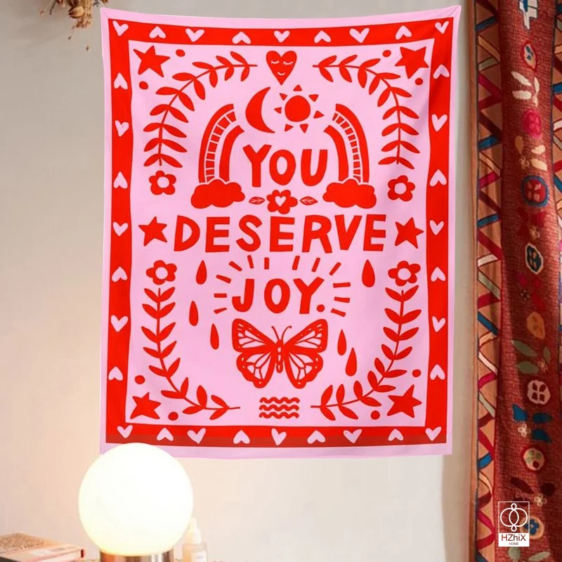

Boho Butterfly Leaves Tapestry with Lights Plant Flower You Deserve Joy Tapestries Wall Hanging Kawaii Room Decor Aesthetics