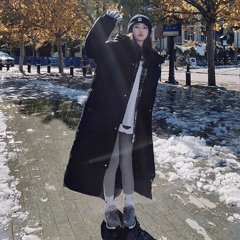 Korean version loose medium length knee down cotton padded jacket for women 2022 winter new hooded thickened