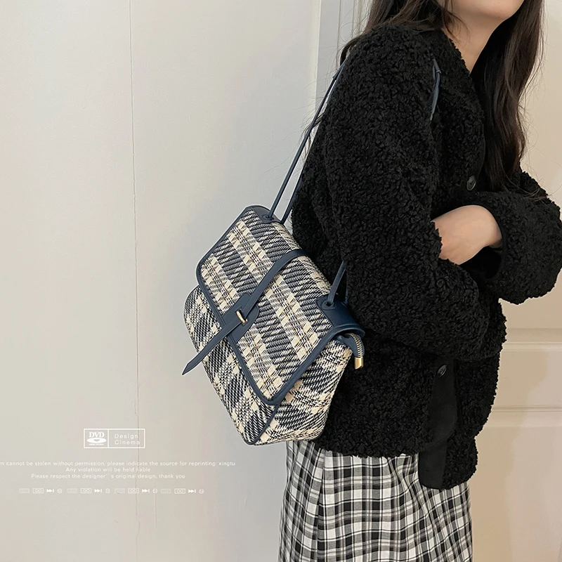 

Women'S Bag 2021 New Trendy Blue Canvas Plaid Messenger Bag Large-Capacity All-Match One-Shoulder Underarm Bag
