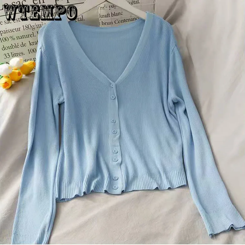 High Waist Short Kint Shirt Women's Clothing Solid Color V-neck Single-breasted Spring Summer Long Sleeve Sunscreentop Wholesale