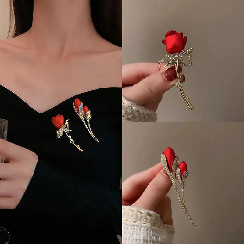 

1PC Rhinestone Red Rose Flower Brooches for Women Elegant Tulip Flower Bouquet Bowknot Lapel Pins Wedding Party Badge Jewelry