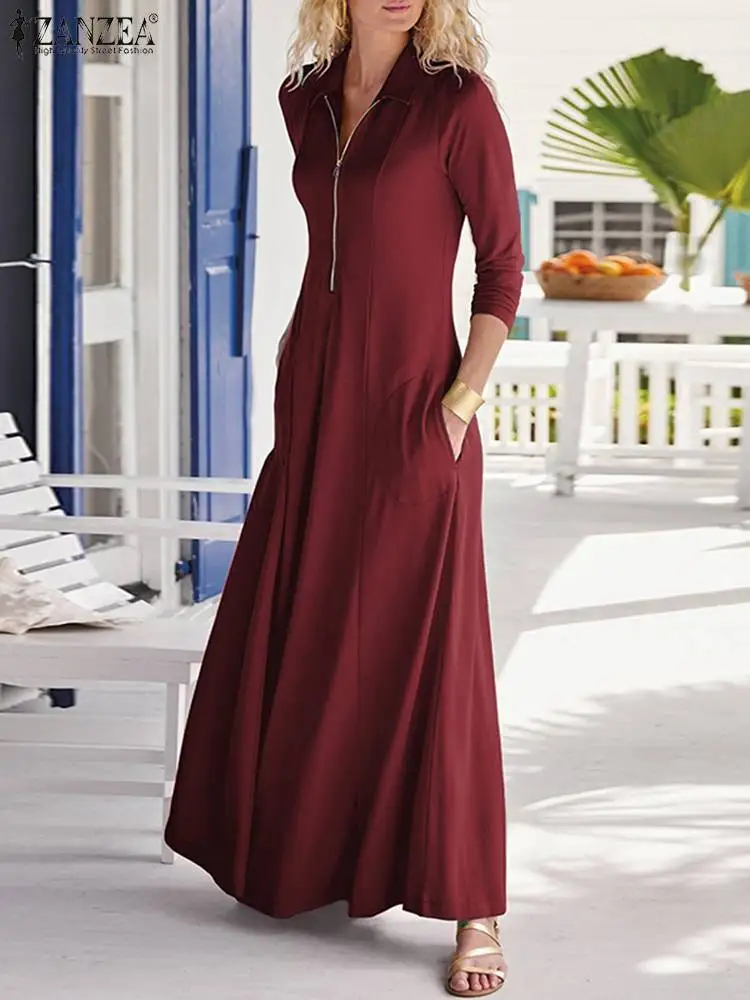 

ZANZEA Spring Fashion Long Sleeve Zipper Dress Robe Femme Vintage Solid Dress Womens Loose Robe Casual Elegant A Line Sundress