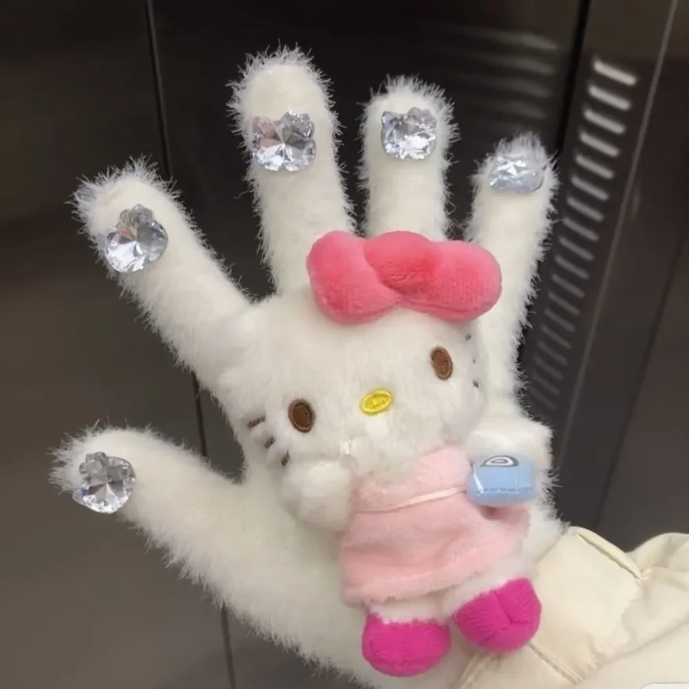 Плюшевые Вязаные перчатки Hello Kitty Sanrio с бриллиантами для маникюра зимние плотные