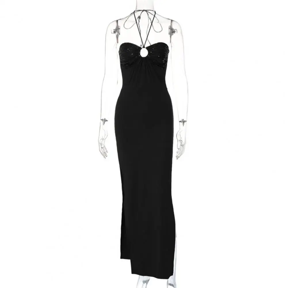 

Popular Maxi Dress Solid Color Lightweight Bodycon Dress Spaghetti Straps Halter Open Back Slim Dress