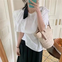 new t shirt women lace big ding collar casual loose cotton pullover commuter elegant fashion top korea 2022 spring summer