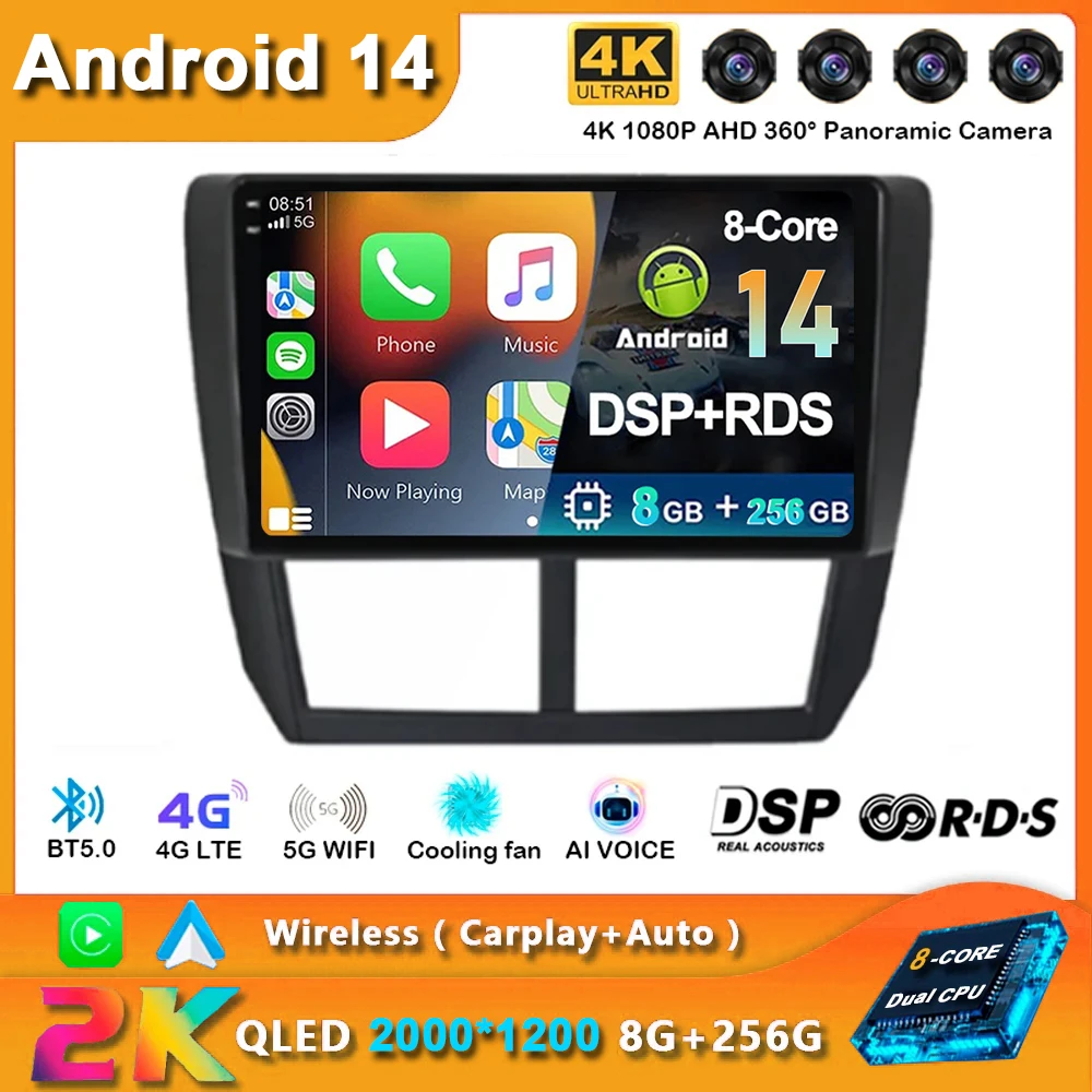 Автомобильный радиоприемник Android 14 Carplay для Subaru Forester 3 SH 2007-2013 Impreza GH GE 2 Din