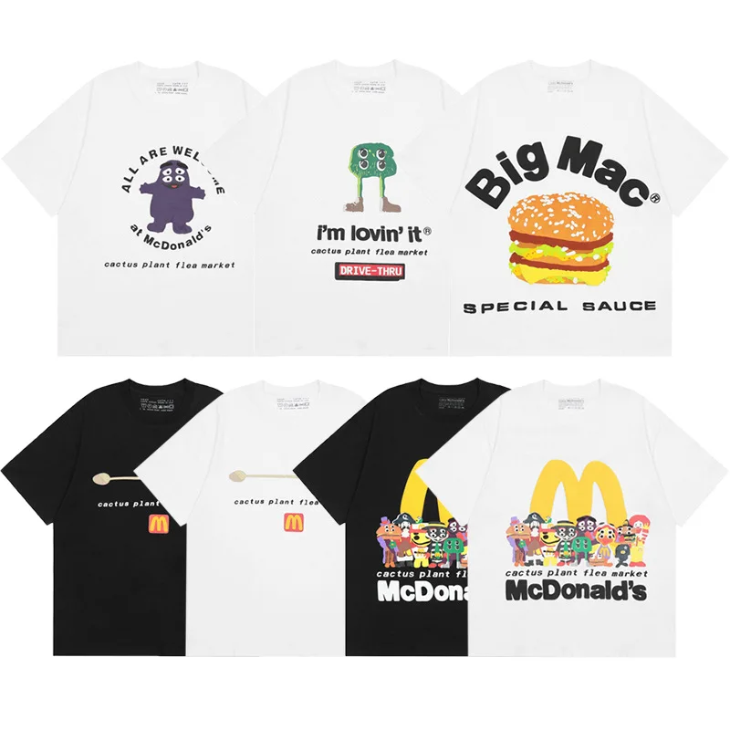 

CPFM Burger and French Fries Foam Letter Cartoon Print Men's Loose Short sleeved T-shirt Trendy