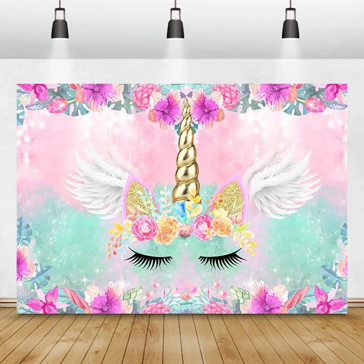 

Unicorn Backdrop Happy Birthday Party Background For Girls Colorful Flower Banner White Wing Unicorn Phography studio props